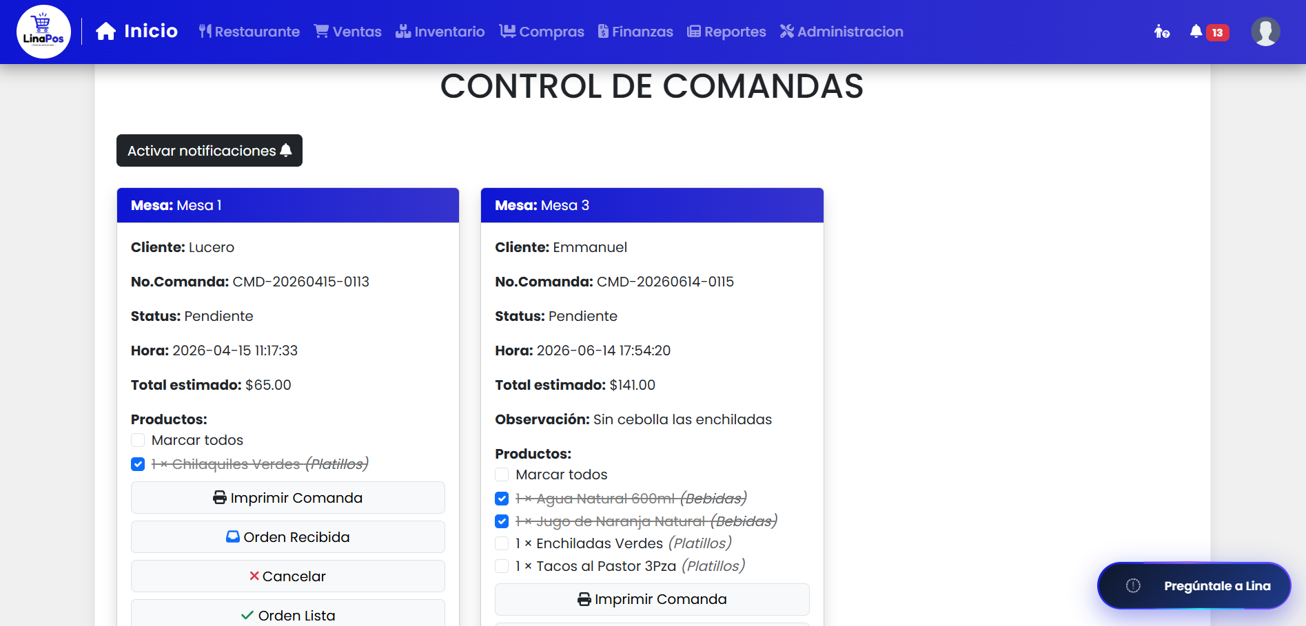 Panel de cocina para gestión de órdenes de restaurante