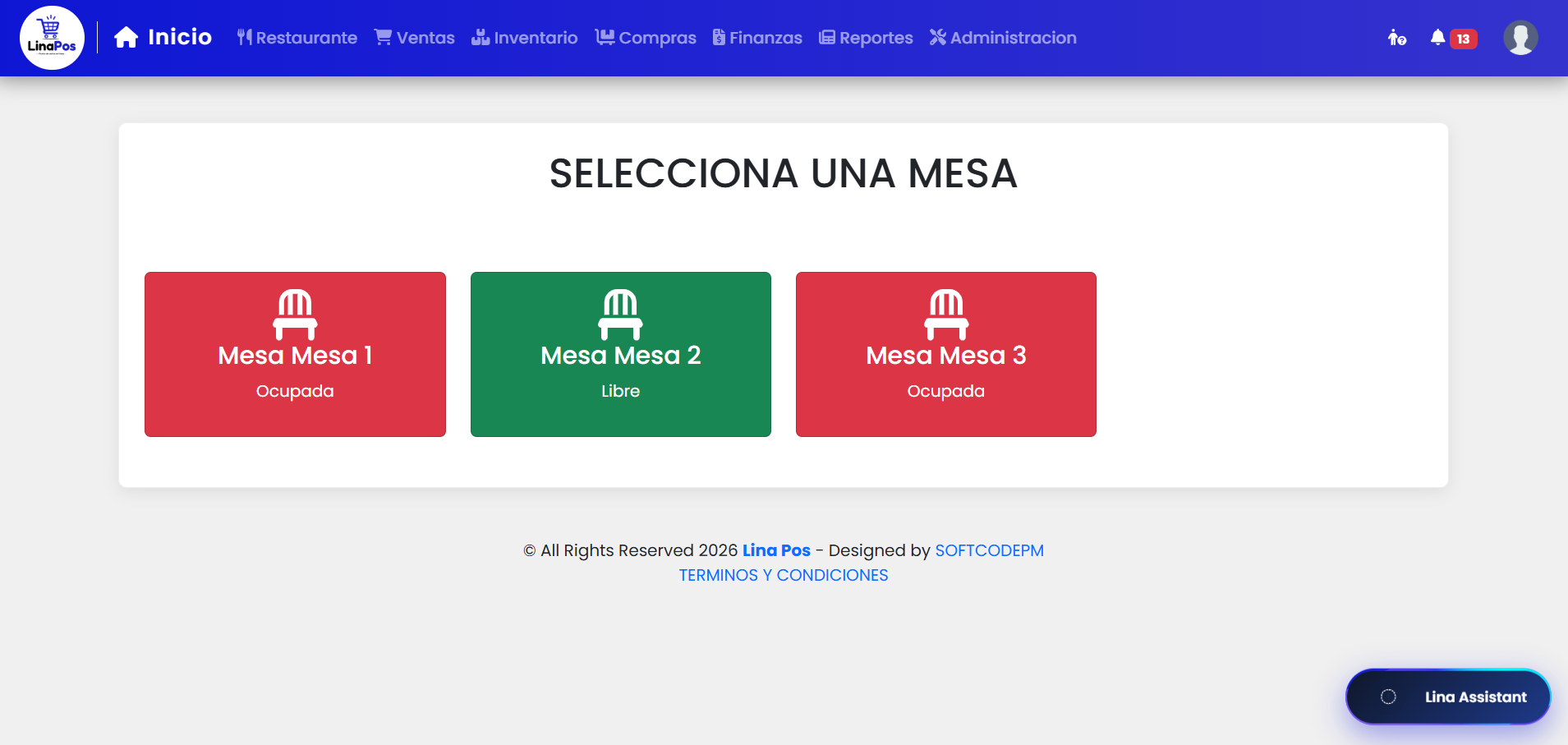 Seleccion de mesa en Lina POS